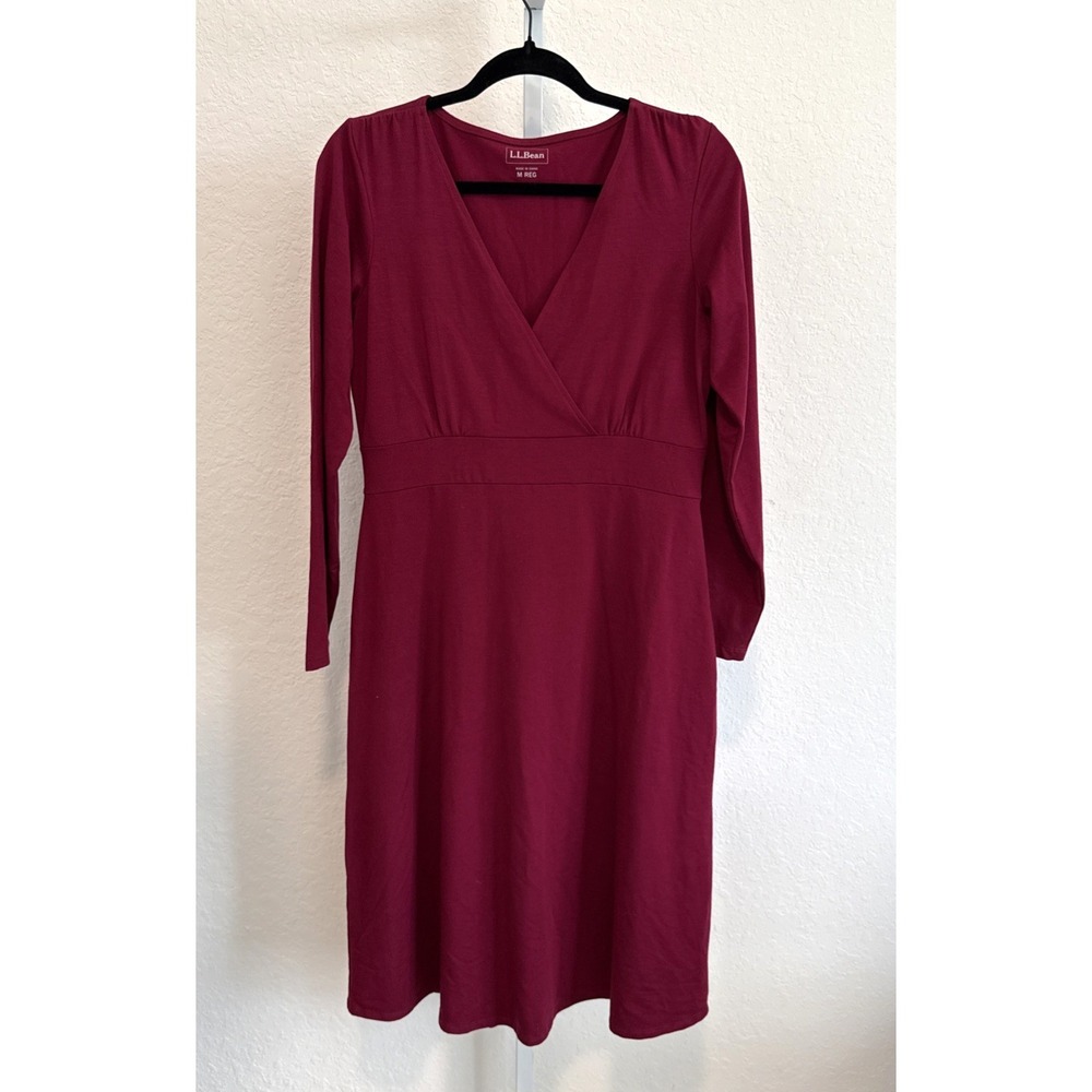 LL Bean V-Neck Faux Wrap Dress Womens M Wine Long Sleeve Tencel A-Line 278795